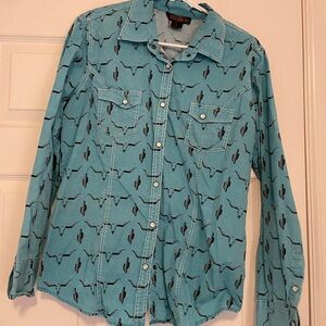 Teal Western Button-Up Shirt with Cactus and Longhorn Print